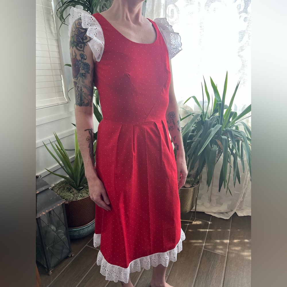 Vintage pin up lace sleeve polka dot fitted dress great condition - Picture 2 of 10
